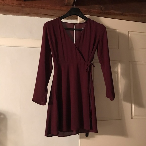 long sleeve burgundy wrap dress